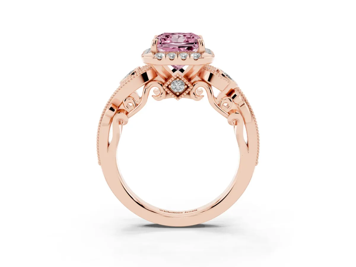 Fancy Pink Princess Cut Diamond Halo Ring with Milgrain Pavé Band and Four-Prong Setting Rose gold