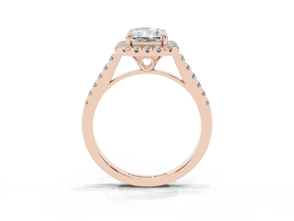 Radiant Cut Halo Pavé Diamond Engagement Ring with Four-Prong Setting Rose gold