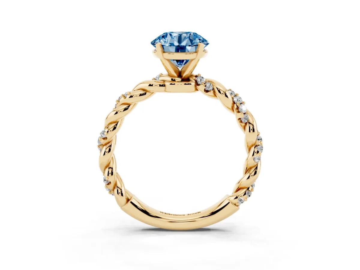 Fancy Blue Round Cut Diamond Solitaire Ring with Twisted Band and Pavé Accents Yellow gold