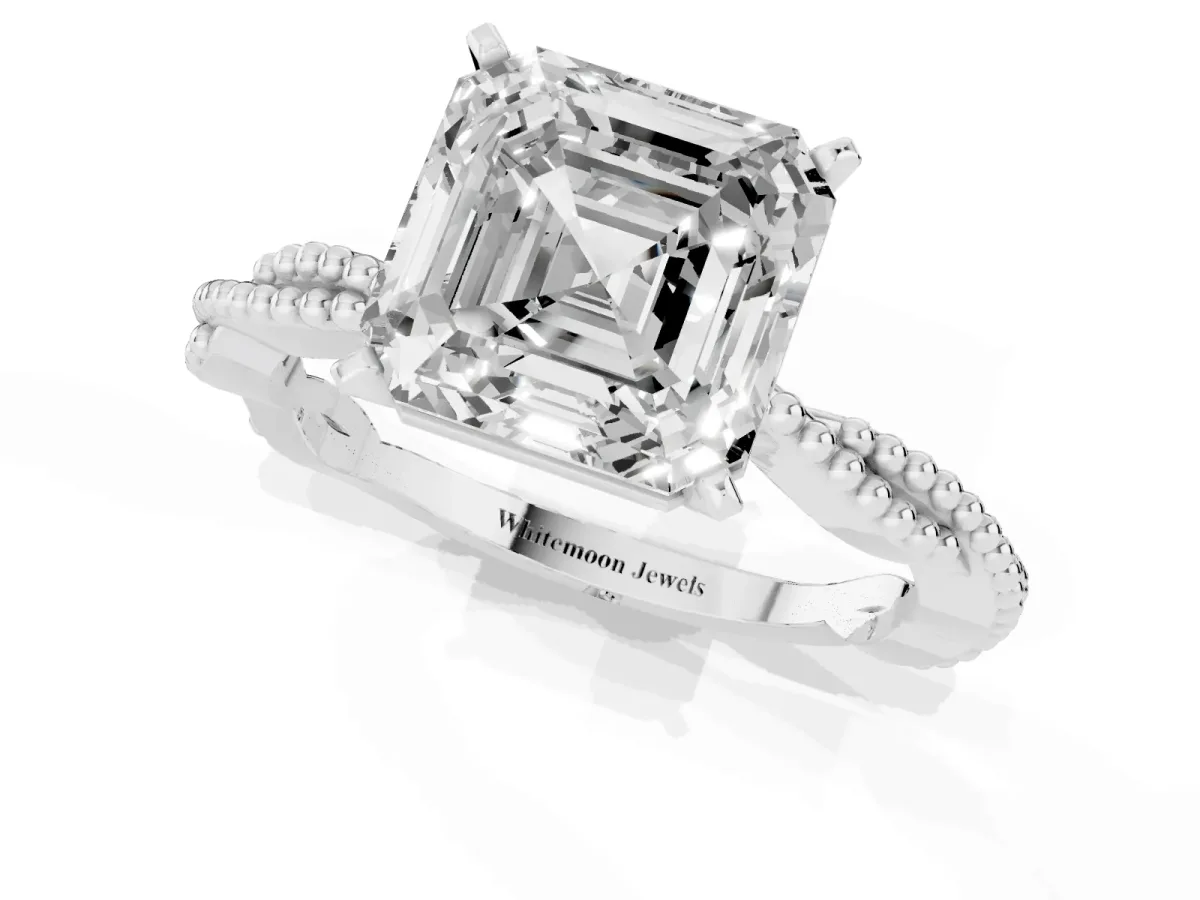 Asscher Cut Solitaire Twisted Band with Bead Prong Setting White gold