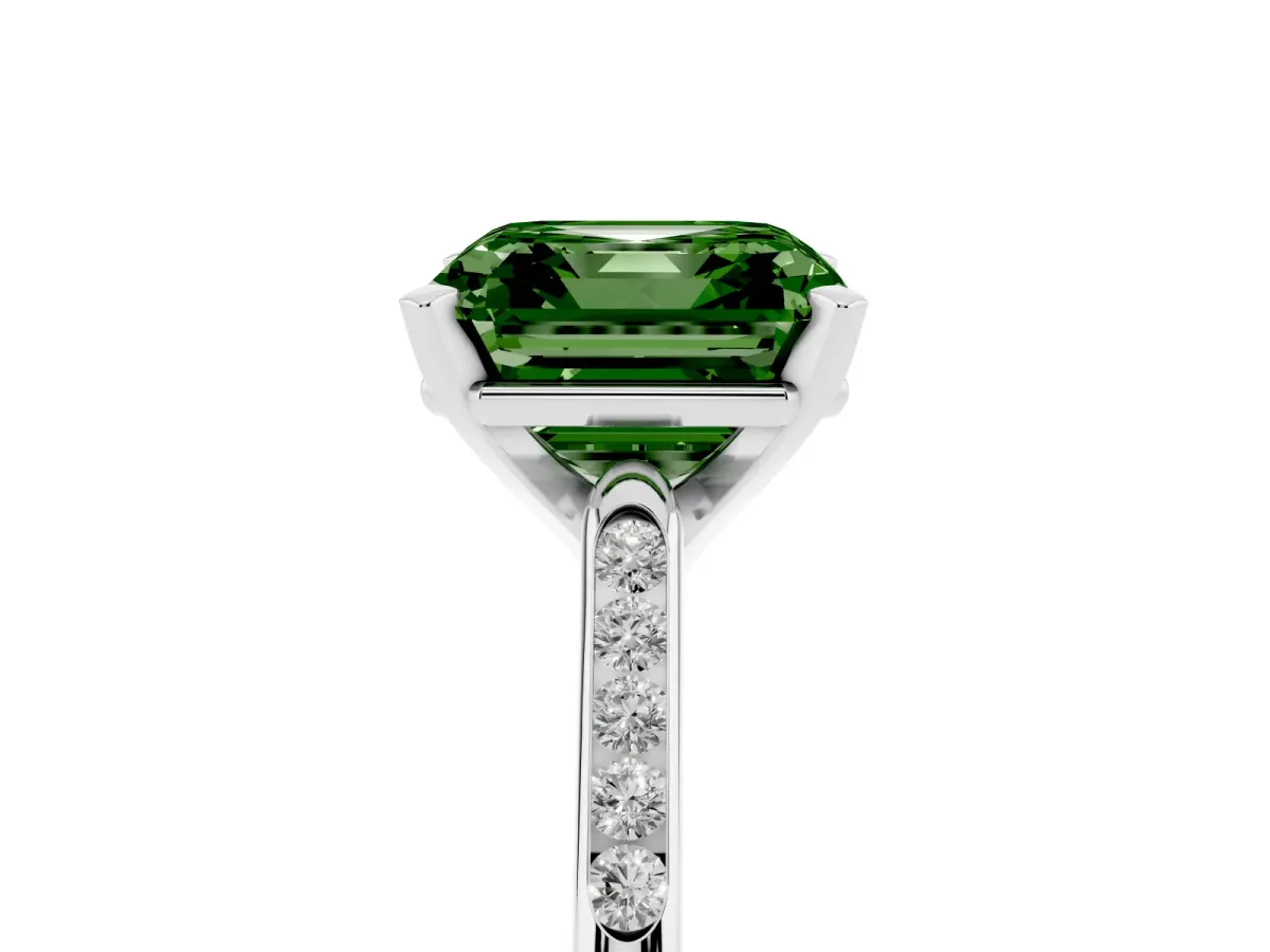 Fancy Green Asscher Cut Diamond Solitaire Ring with Channel Set Round Band and Prong Setting Silver