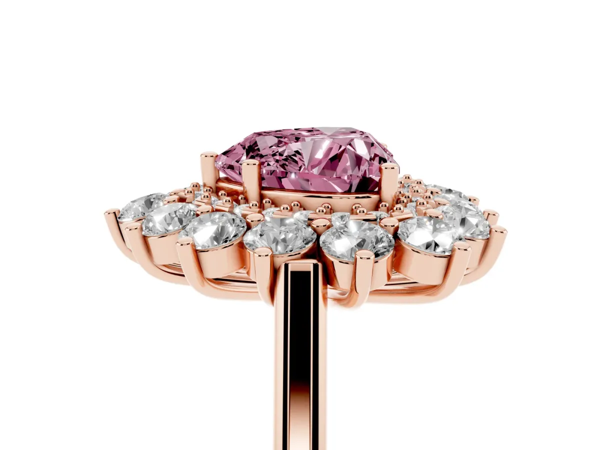 Fancy Pink Heart Cut Diamond Floral Double Halo Engagement Ring with Prong Setting Rose gold