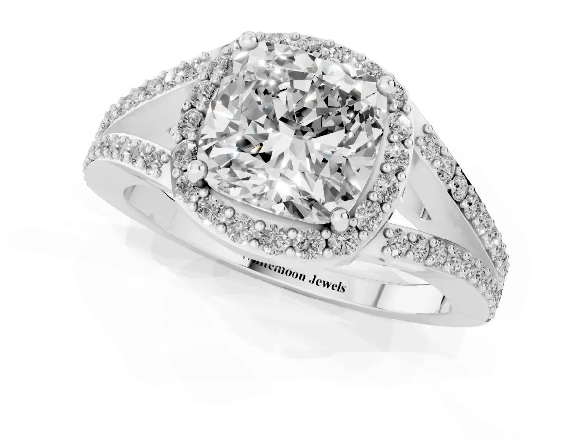 Cushion Cut Halo Split Shank Pave Diamond Ring with Four-Prong Setting Silver