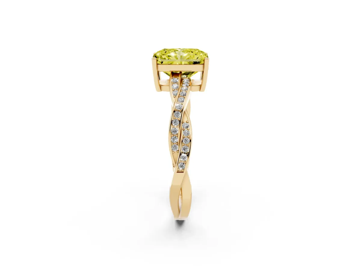 Fancy Yellow Radiant Cut Solitaire Twisted Pave Diamond Ring with Four-Prong Setting Yellow gold