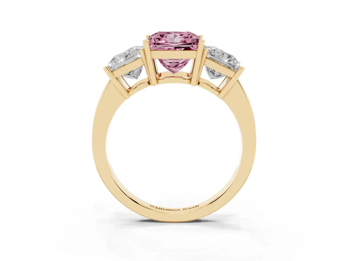 Fancy Pink Three-Stone Princess Cut Cut Diamond Engagement Ring with Flat Band and Four-Prong Setting Yellow gold