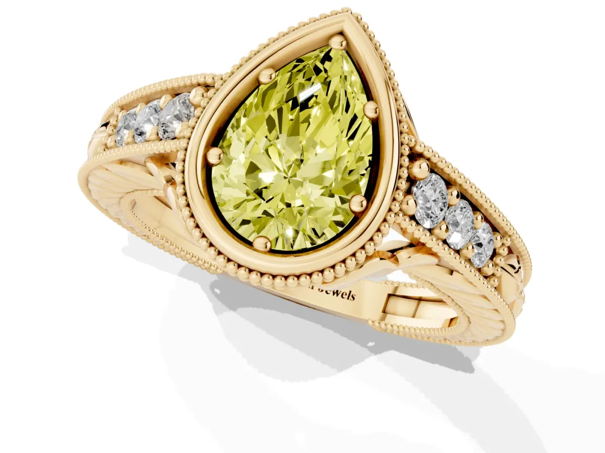 Fancy Yellow Bezel Set Pear Cut Diamond Milgrain Pave Engagement Ring Yellow gold