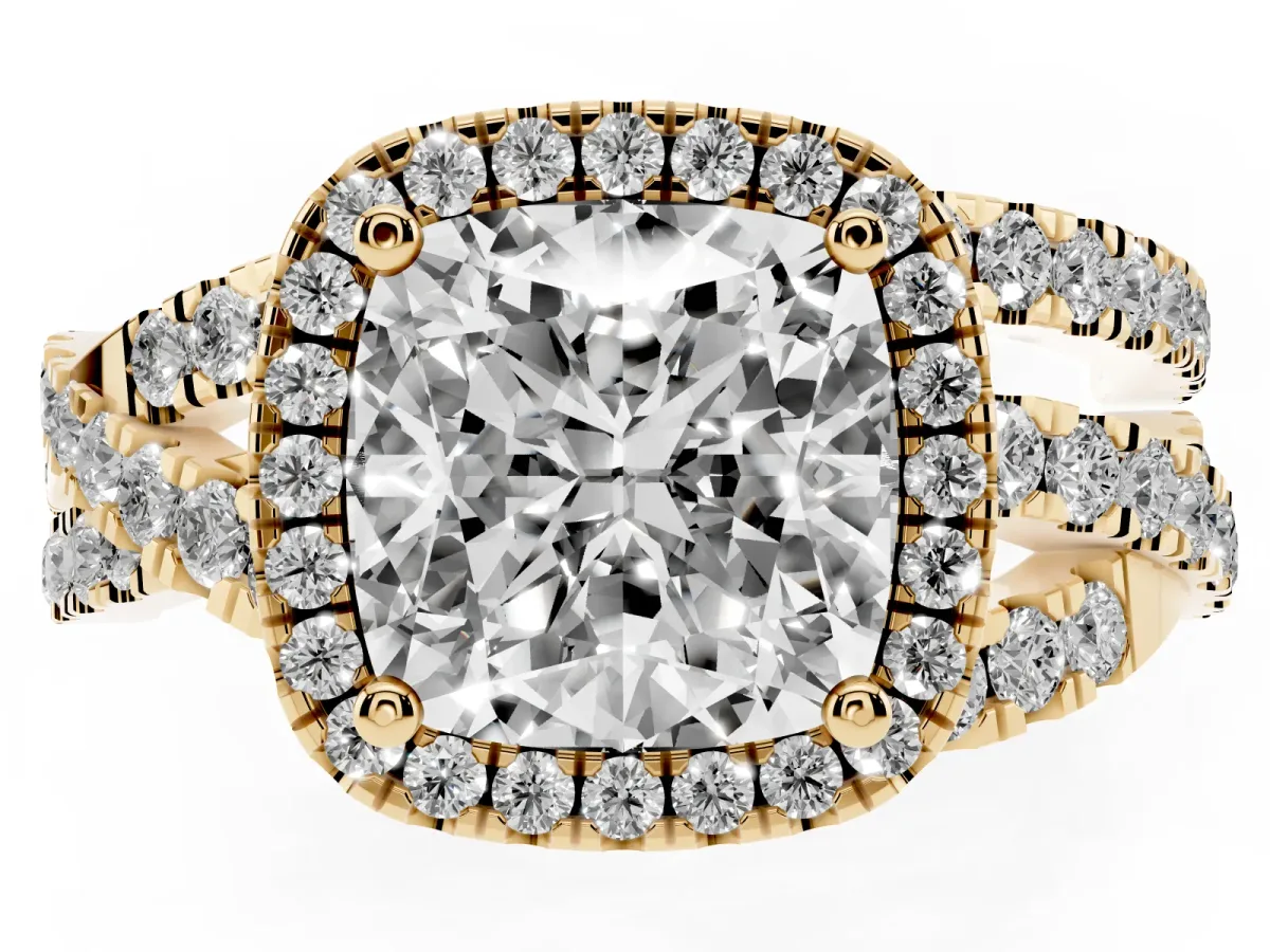 Cushion Cut Diamond Halo Ring with Round Split Shank and Prong Setting Yellow gold