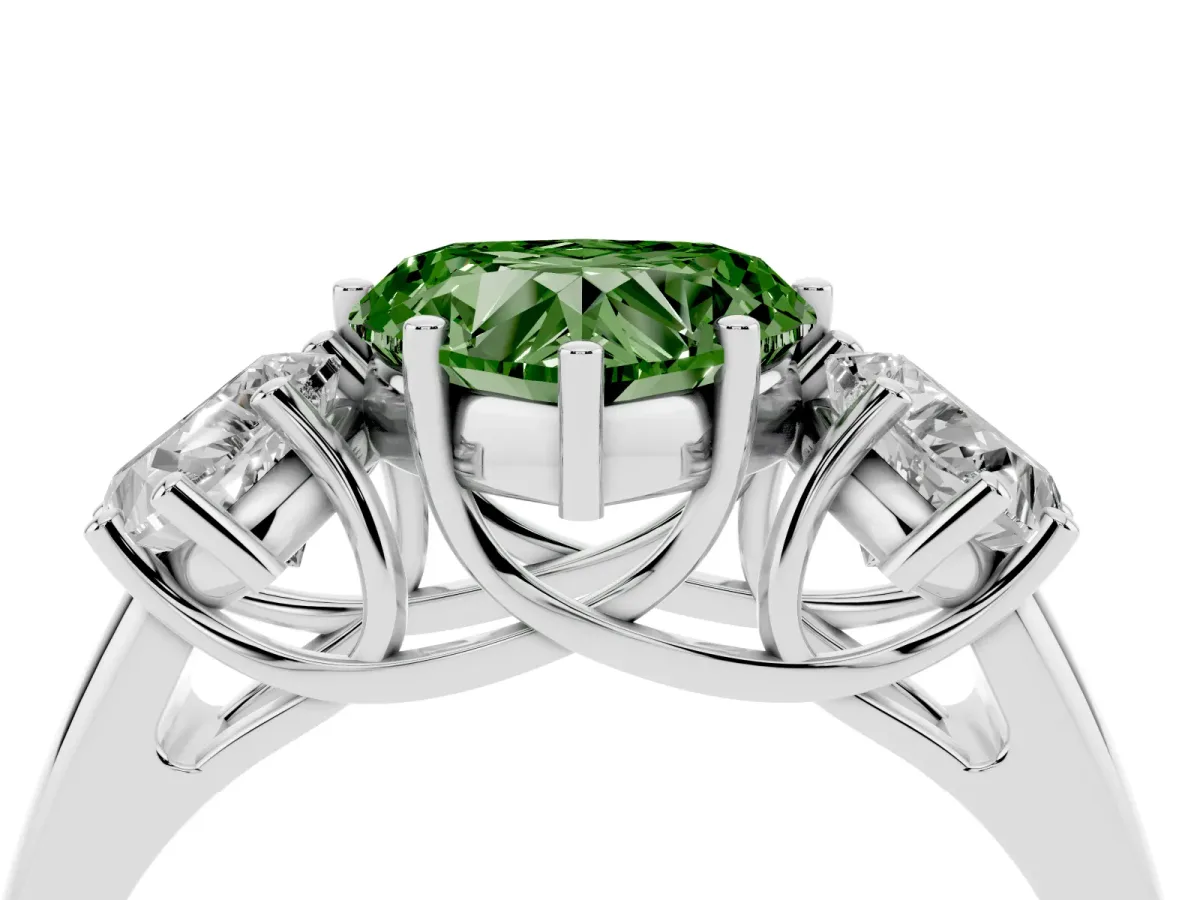 Fancy Green Three-Stone Heart Cut Diamond Engagement Ring with Prong Setting Platinum