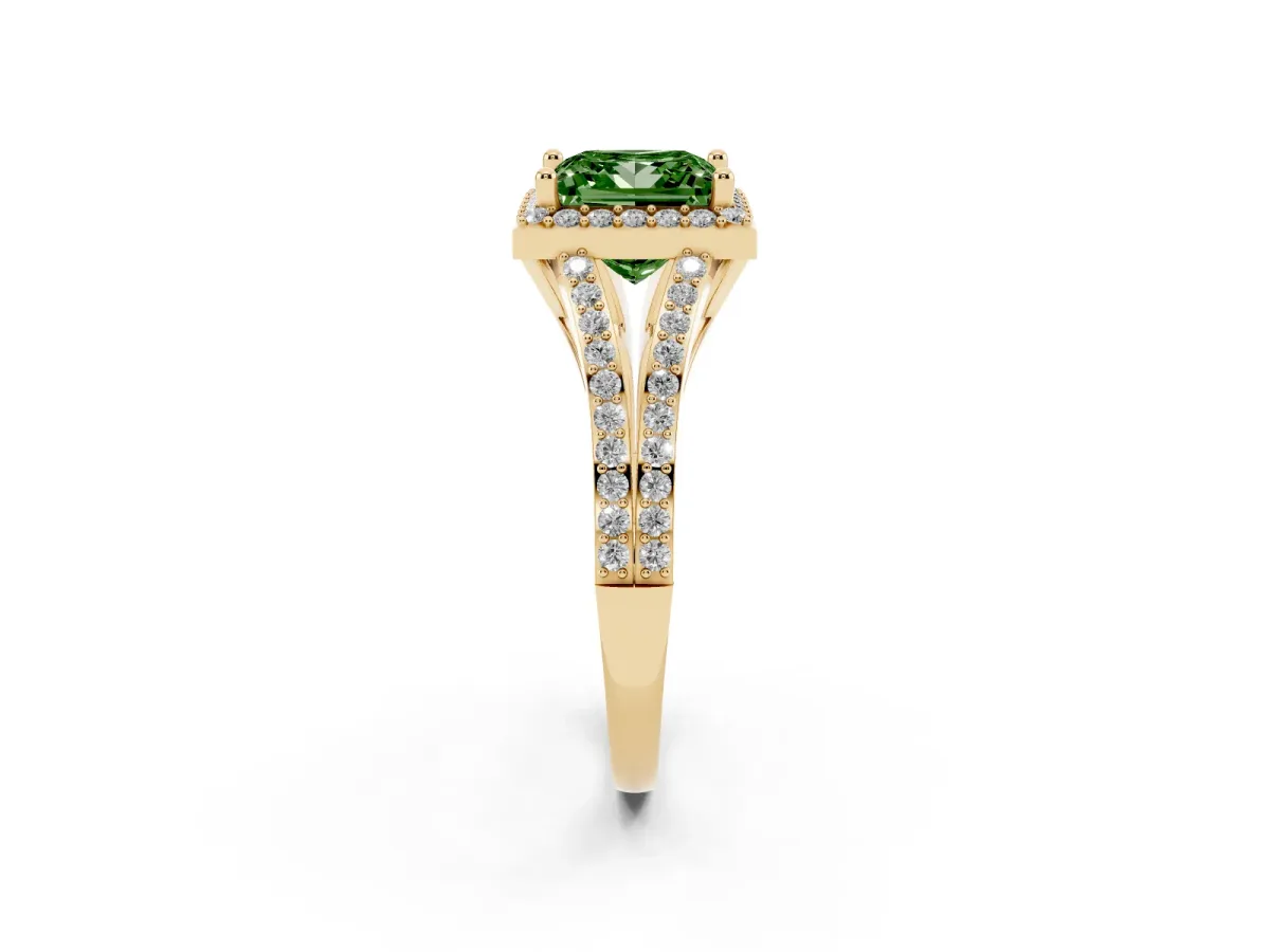 Fancy Green Princess Cut Halo Split Shank Diamond Ring with Prong Setting Yellow gold