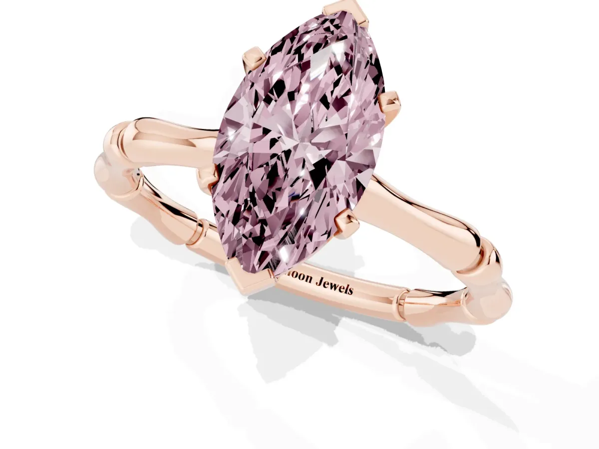 Fancy Pink Marquise Cut Solitaire Diamond Ring with Bamboo Band and Four-Prong Setting Rose gold