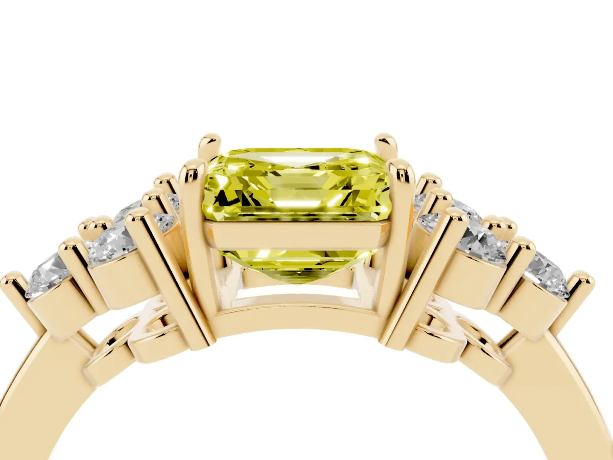 Fancy Yellow Asscher Cut Brilliant Diamond Cluster Accent Solitaire Ring with Prong Setting Yellow gold