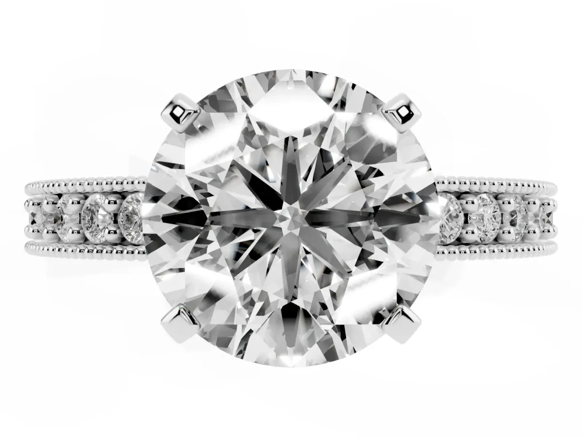 Round Cut Diamond Milgrain Pavé Engagement Ring with Four-Prong Setting Silver