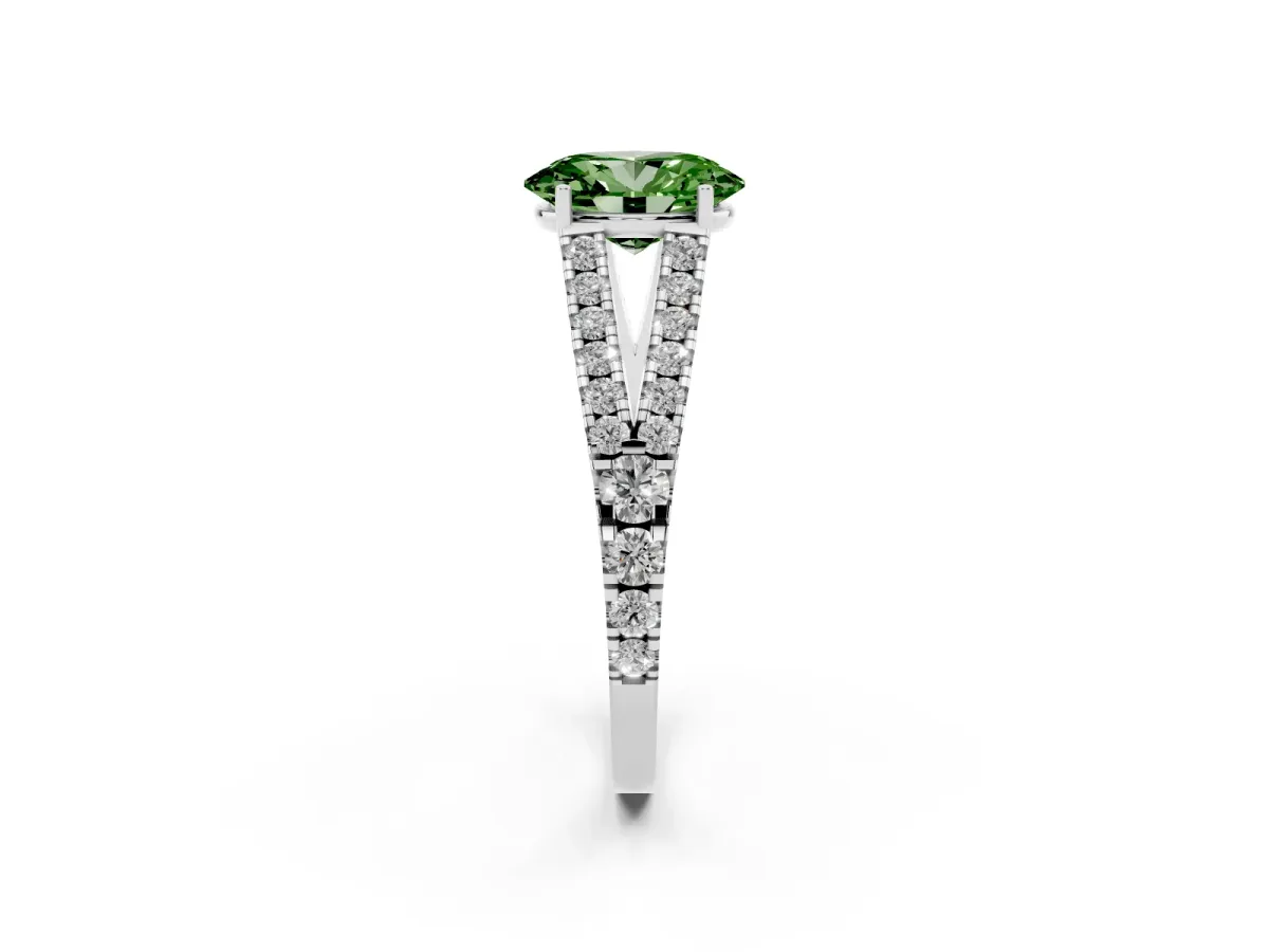 Fancy Green Oval Cut Diamond Split Shank Pavé Engagement Ring with Four-Prong Setting White gold