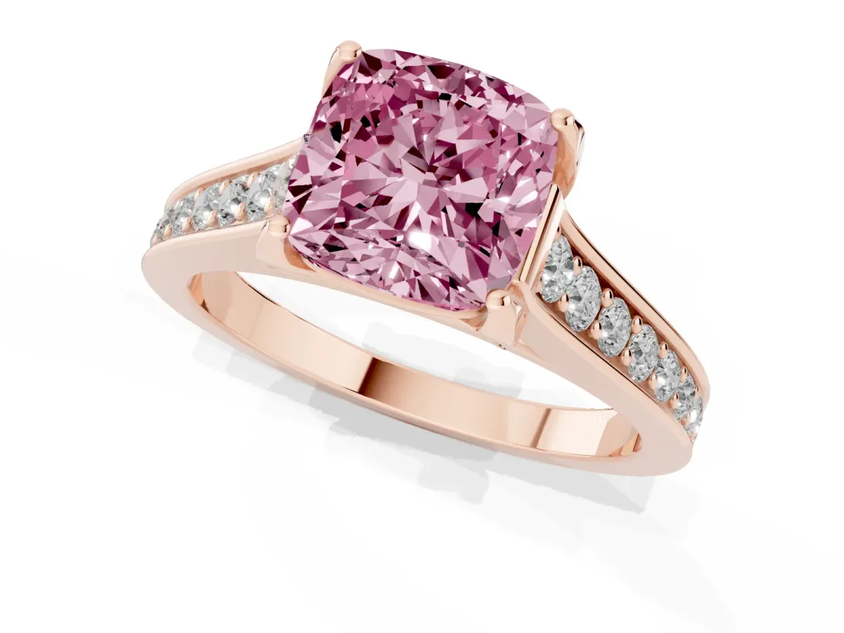 Fancy Pink Cushion Cut Brilliant Cut Diamond Engagement Ring with Pavé Band and Four-Prong Setting Rose gold