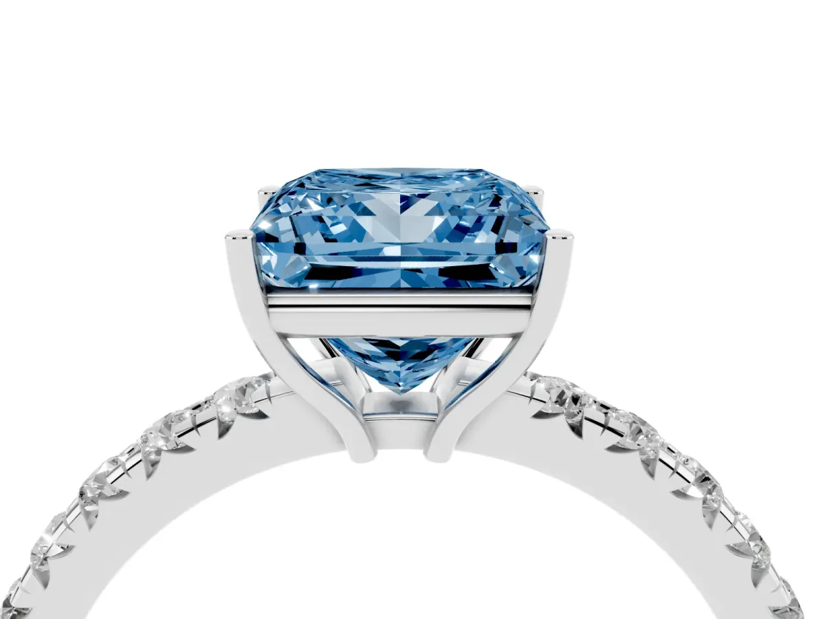 Fancy Blue Princess Cut Diamond Pavé Solitaire Engagement Ring with Four-Prong Setting Silver