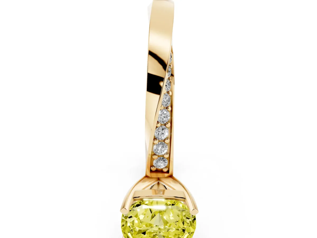 Fancy Yellow Cushion Cut Diamond Engagement Ring with Side Stone Accents and Four-Prong Setting Yellow gold