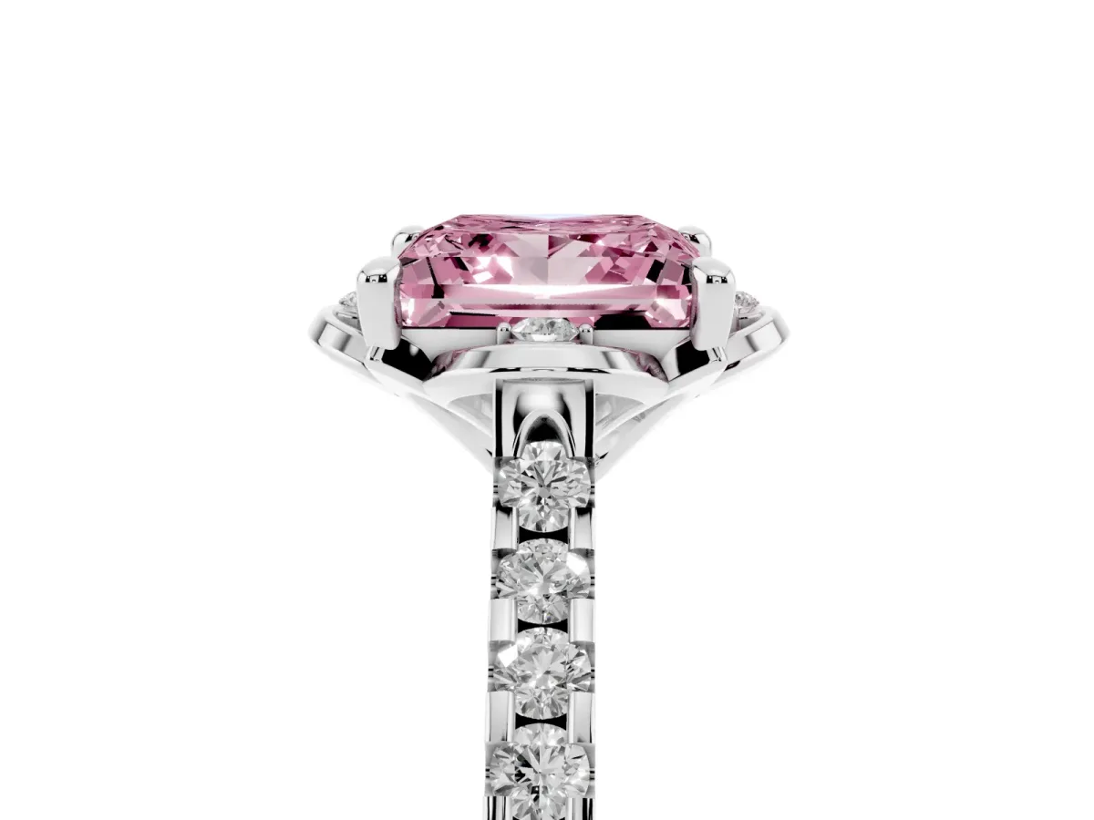 Fancy Pink Princess Cut Diamond Ring with Pavé Band and Floral Prong Setting White gold