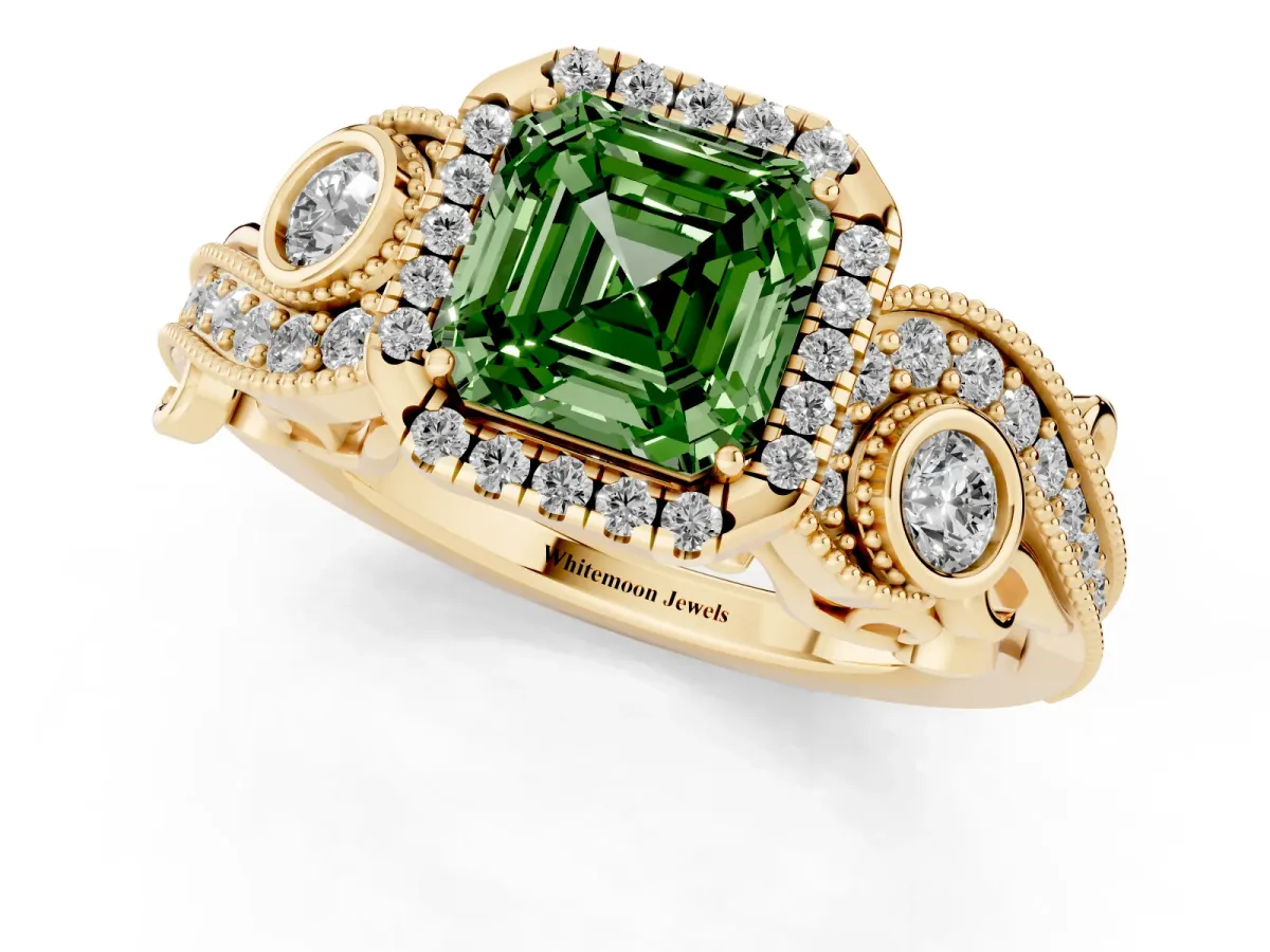 Fancy Green Asscher Cut Diamond Halo Ring with Milgrain Pavé Band and Four-Prong Setting Yellow gold