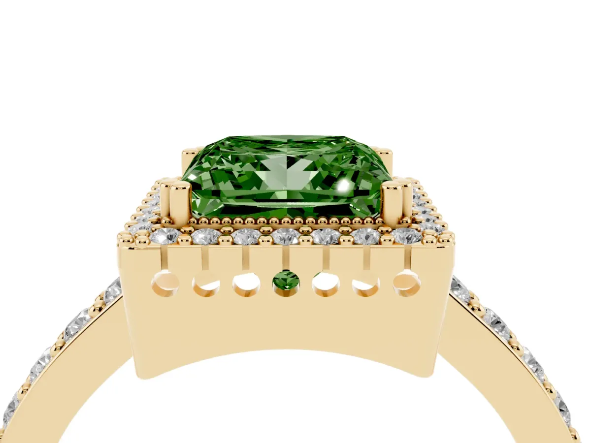 Fancy Green Princess Cut Cut Diamond Halo Engagement Ring with Milgrain Detail and Pavé Band Yellow gold