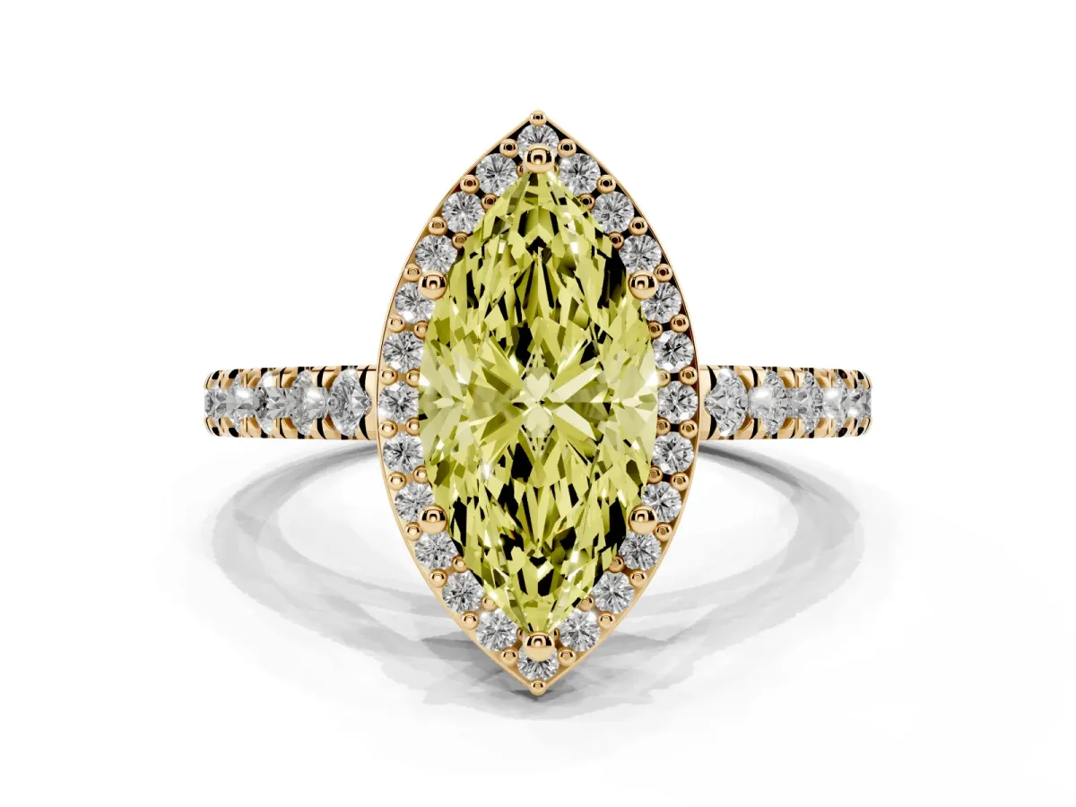 Fancy Yellow Marquise Cut Cut Halo Diamond Engagement Ring with Pave Band and Four-Prong Setting Yellow gold