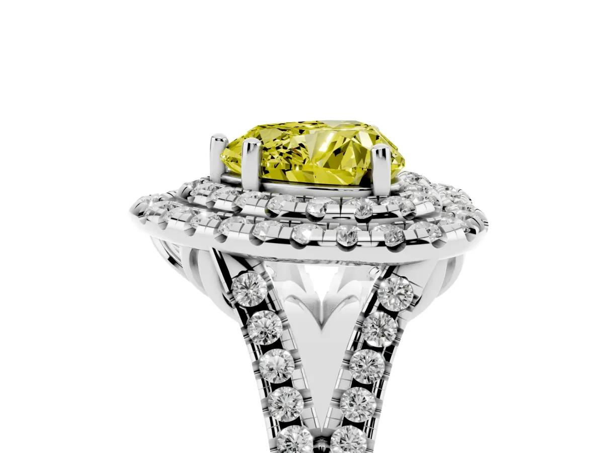 Fancy Yellow Double Halo Heart Cut Diamond Pavé Split Shank Ring with Prong Setting Silver
