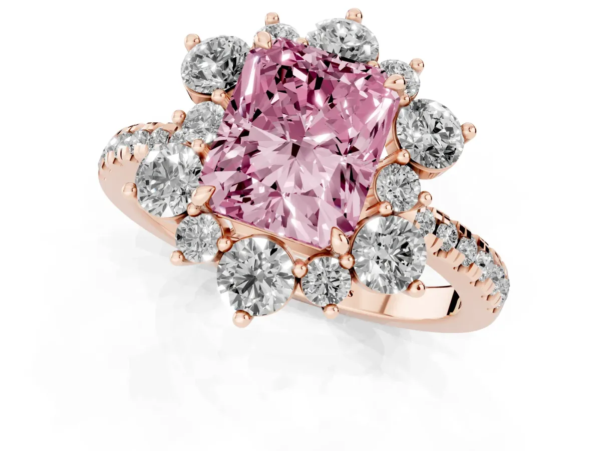 Fancy Pink Radiant Cut Diamond Floral Halo Ring with Round Pavé Band and Prong Setting Rose gold