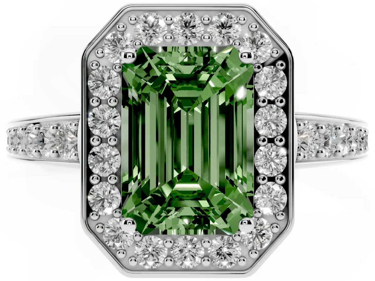Fancy Green Emerald Cut Halo Pavé Diamond Engagement Ring with Bezel Setting Silver