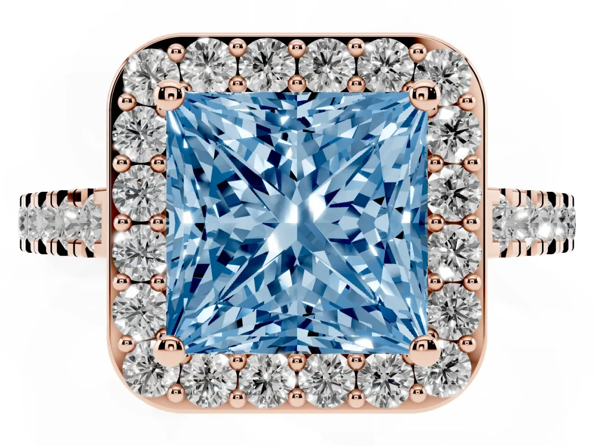 Fancy Blue Princess Cut Diamond Halo Ring with Round Pavé Split Shank and Prong Setting Rose gold