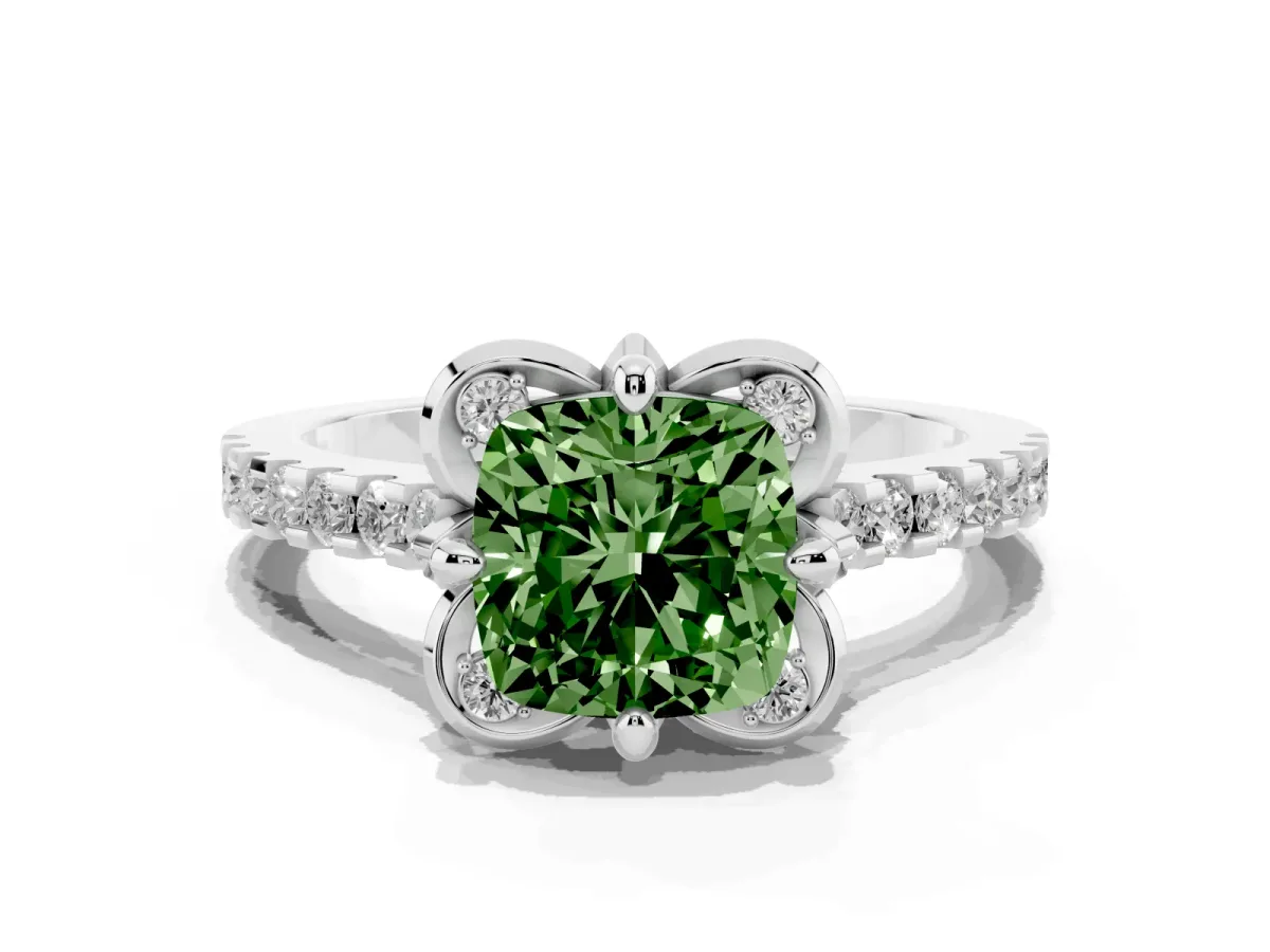 Fancy Green Cushion Cut Diamond Ring with Pavé Band and Floral Prong Setting Platinum