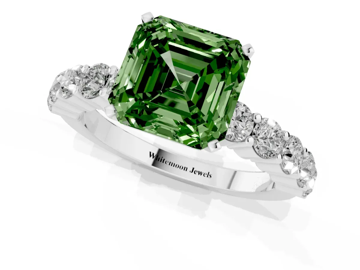 Fancy Green Asscher Cut Diamond Solitaire Ring with Shared Prong Round Side Stones Silver