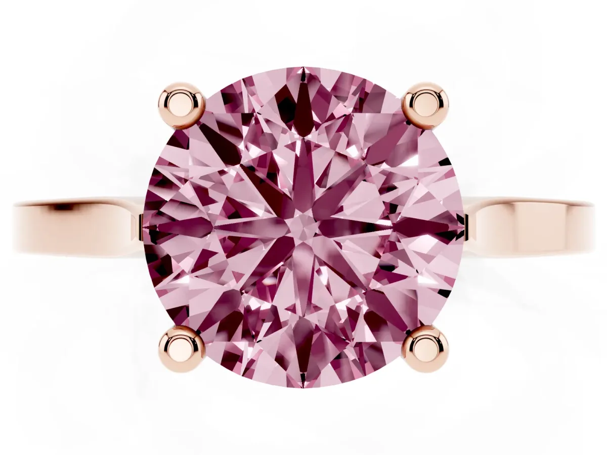 Fancy Pink Round Cut Solitaire Diamond Ring with Four-Prong Setting and Tapered Band Rose gold