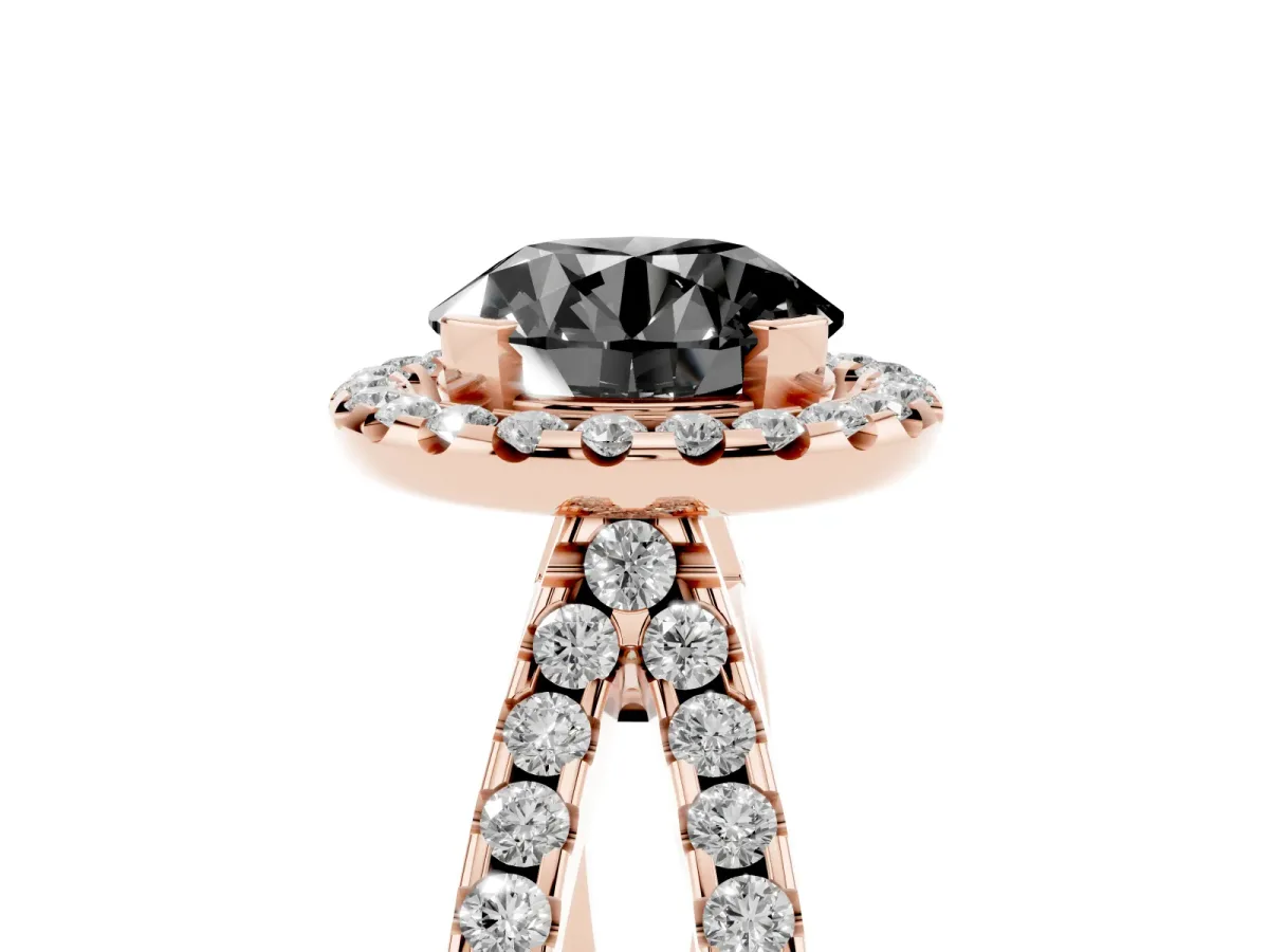 Fancy Black Round Cut Diamond Halo Ring with Split Shank Pavé Band and Prong Setting Rose gold
