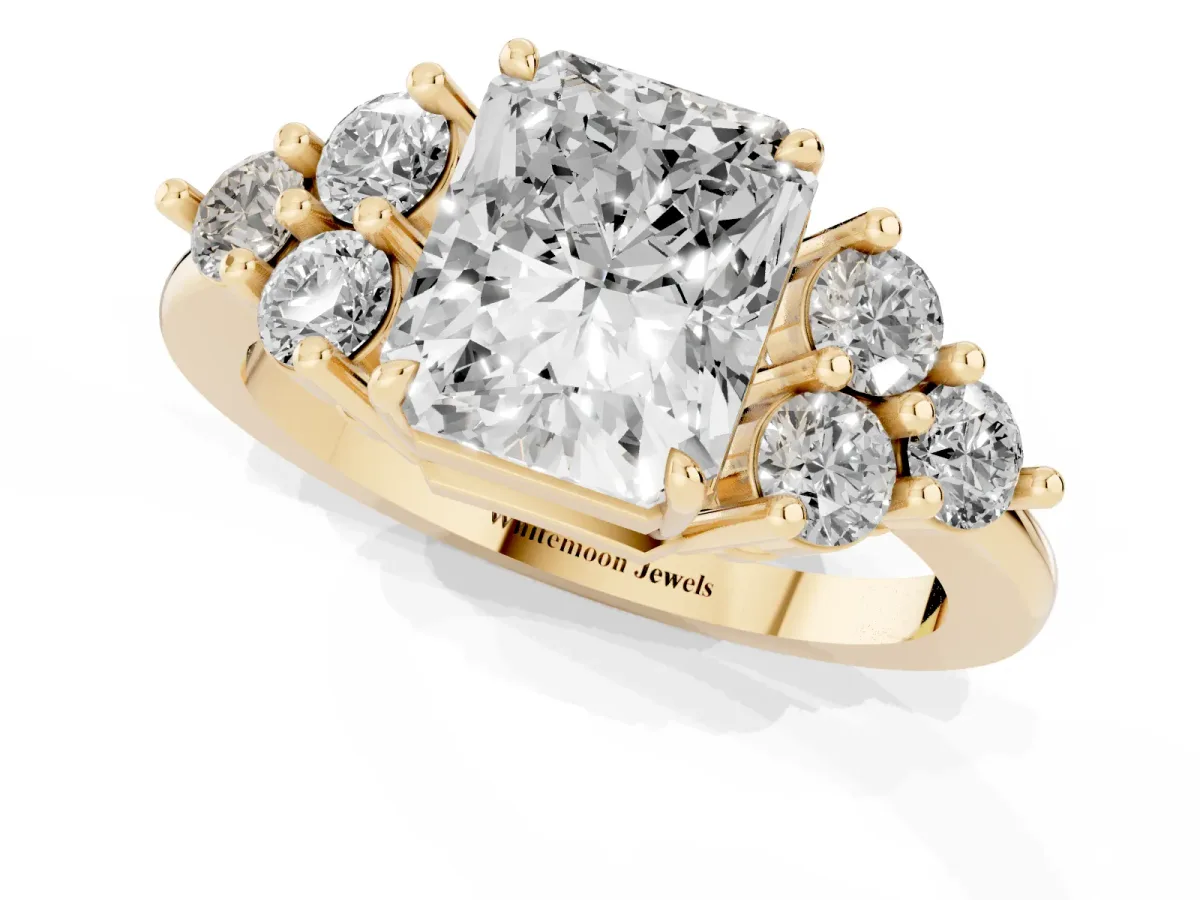 Radiant Cut Brilliant Diamond Cluster Accent Solitaire Ring with Prong Setting Yellow gold
