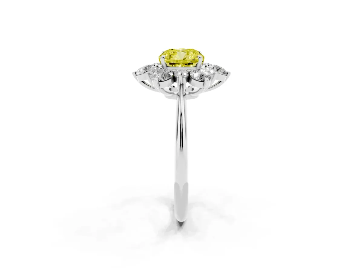 Fancy Yellow Cushion Cut Diamond Cluster Halo Ring with Solitaire Band and Four-Prong Setting Platinum