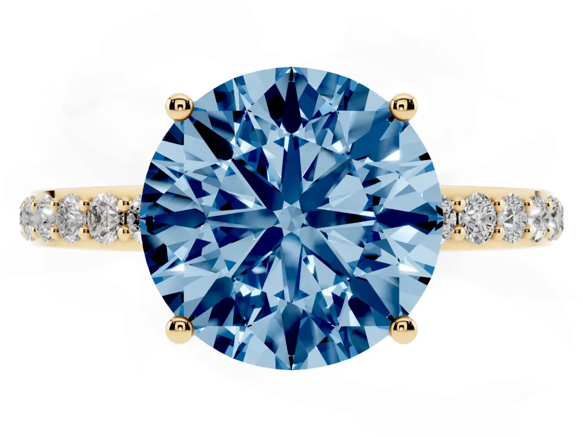 Fancy Blue Round Cut Diamond Solitaire Ring with Pavé Band and Hidden Halo Yellow gold