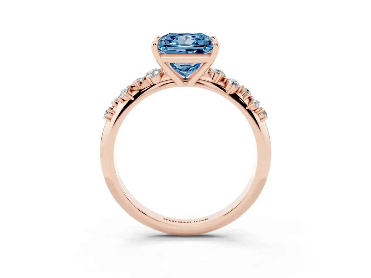 Fancy Blue Princess Cut Diamond Cluster Side Stone Solitaire Ring with Prong Setting Rose gold