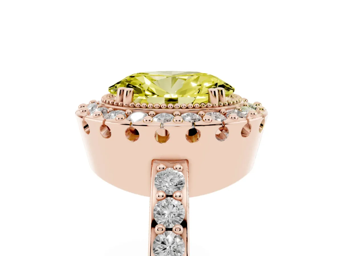 Fancy Yellow Oval Cut Diamond Halo Ring with Pavé Band and Prong Setting Rose gold