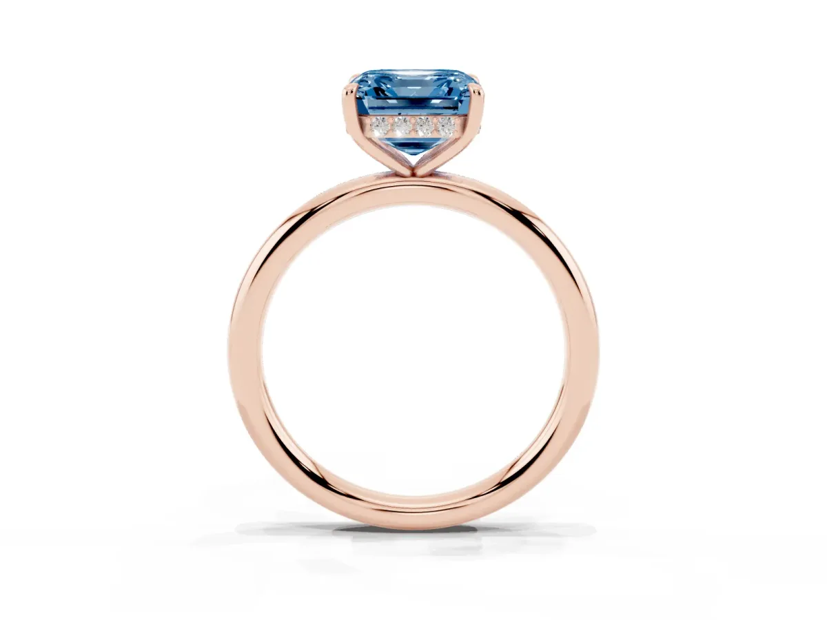 Fancy Blue Asscher Cut Diamond Solitaire Ring with Thin Band and Four-Prong Setting Rose gold