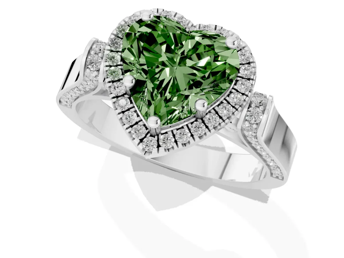 Fancy Green Heart Cut Halo Round Diamond Twist Band with Four-Prong Setting Silver