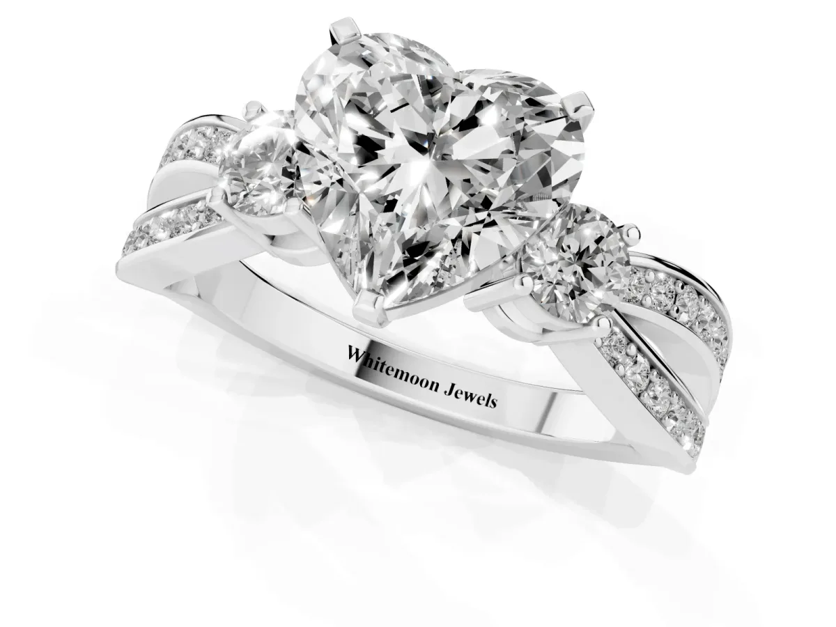 Three-Stone Heart Cut Cut Diamond Twist Band with Prong Setting Silver