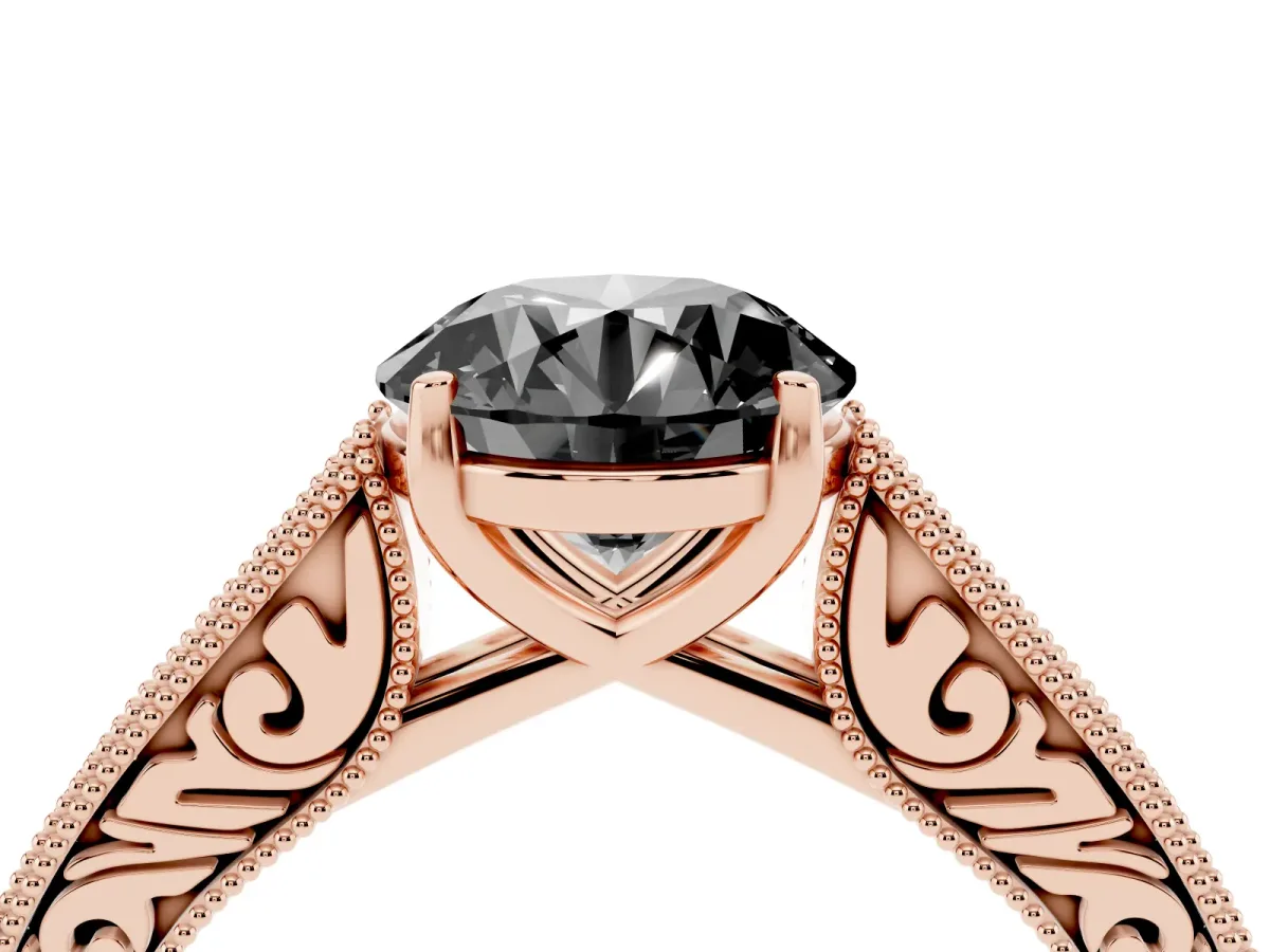 Fancy Black Round Cut Cut Pave Band Milgrain Solitaire Ring Rose gold