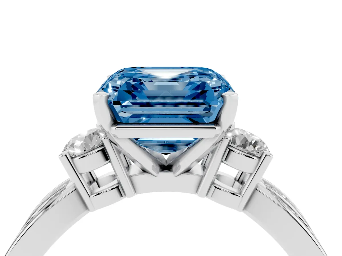 Fancy Blue Three-Stone Asscher Cut Cut Diamond Twist Band with Prong Setting Platinum