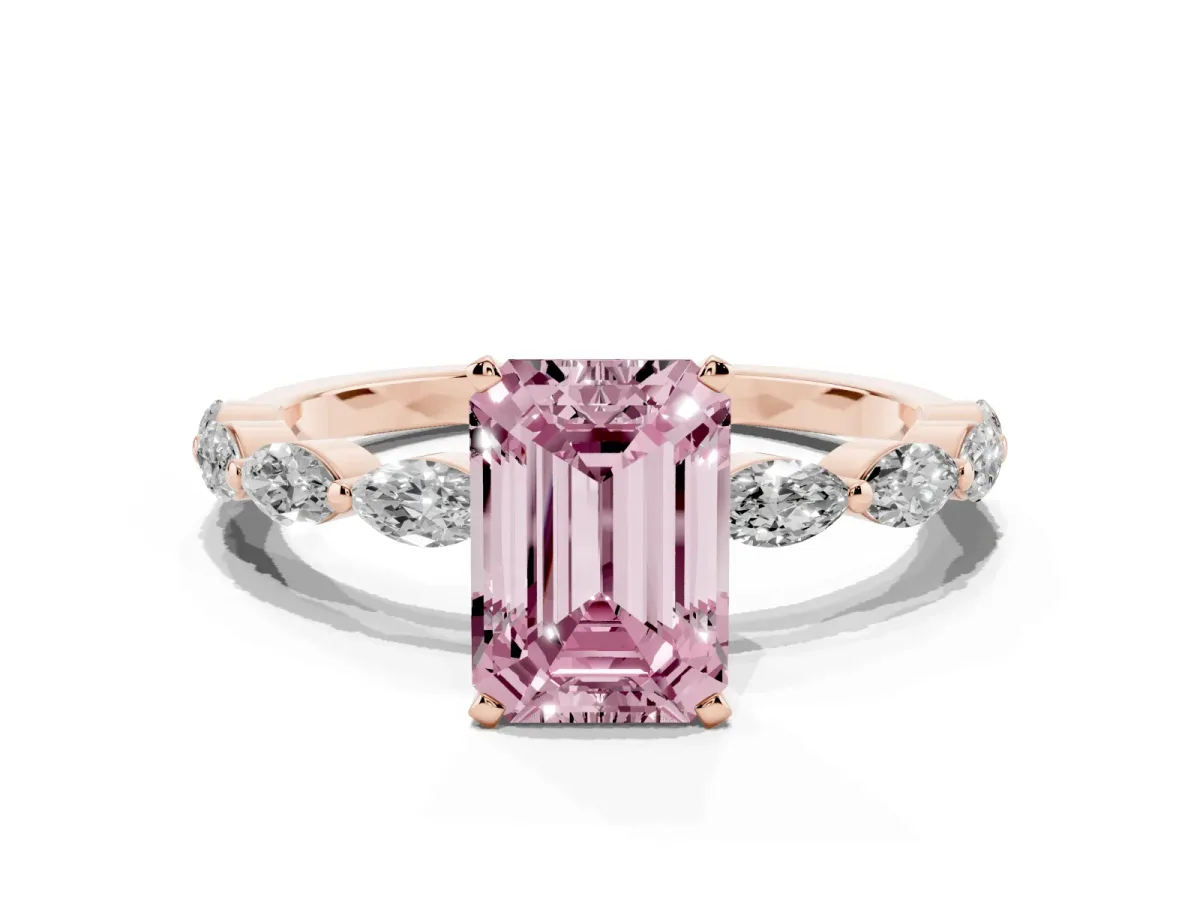 Fancy Pink Emerald Cut Diamond Ring with Marquise Side Stones and Prong Setting Rose gold