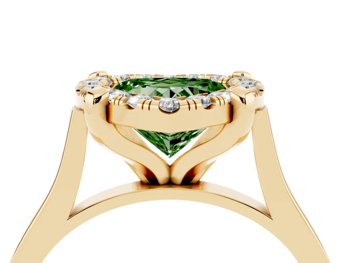 Fancy Green Heart Cut Diamond Cluster Halo Solitaire with Four-Prong Setting Yellow gold