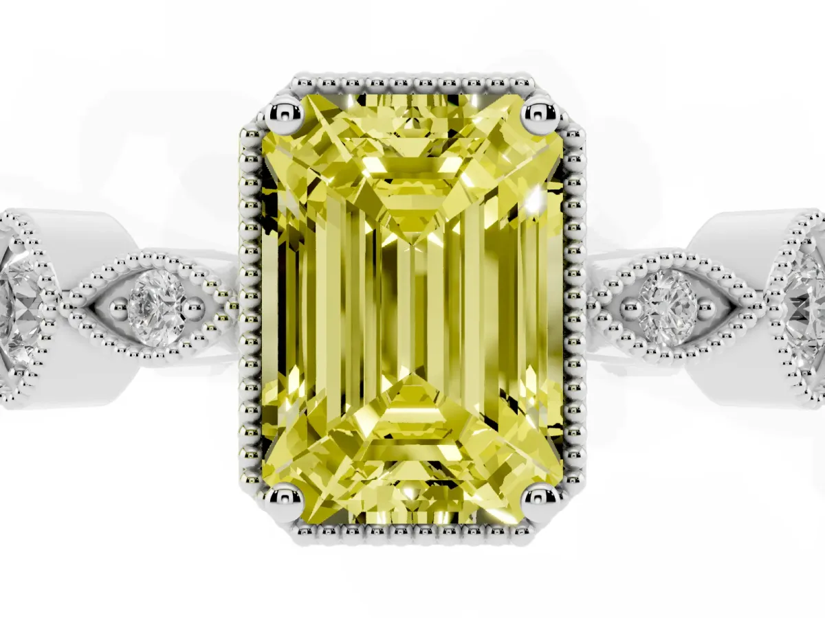 Fancy Yellow Emerald Cut Diamond Vintage Milgrain Ring with Round Stations White gold