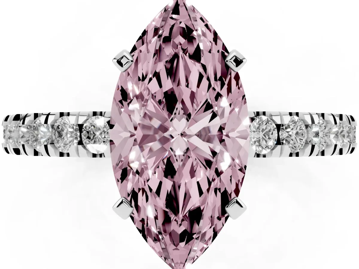 Fancy Pink Marquise Cut Solitaire Diamond with Pavé Band and Four-Prong Setting Platinum