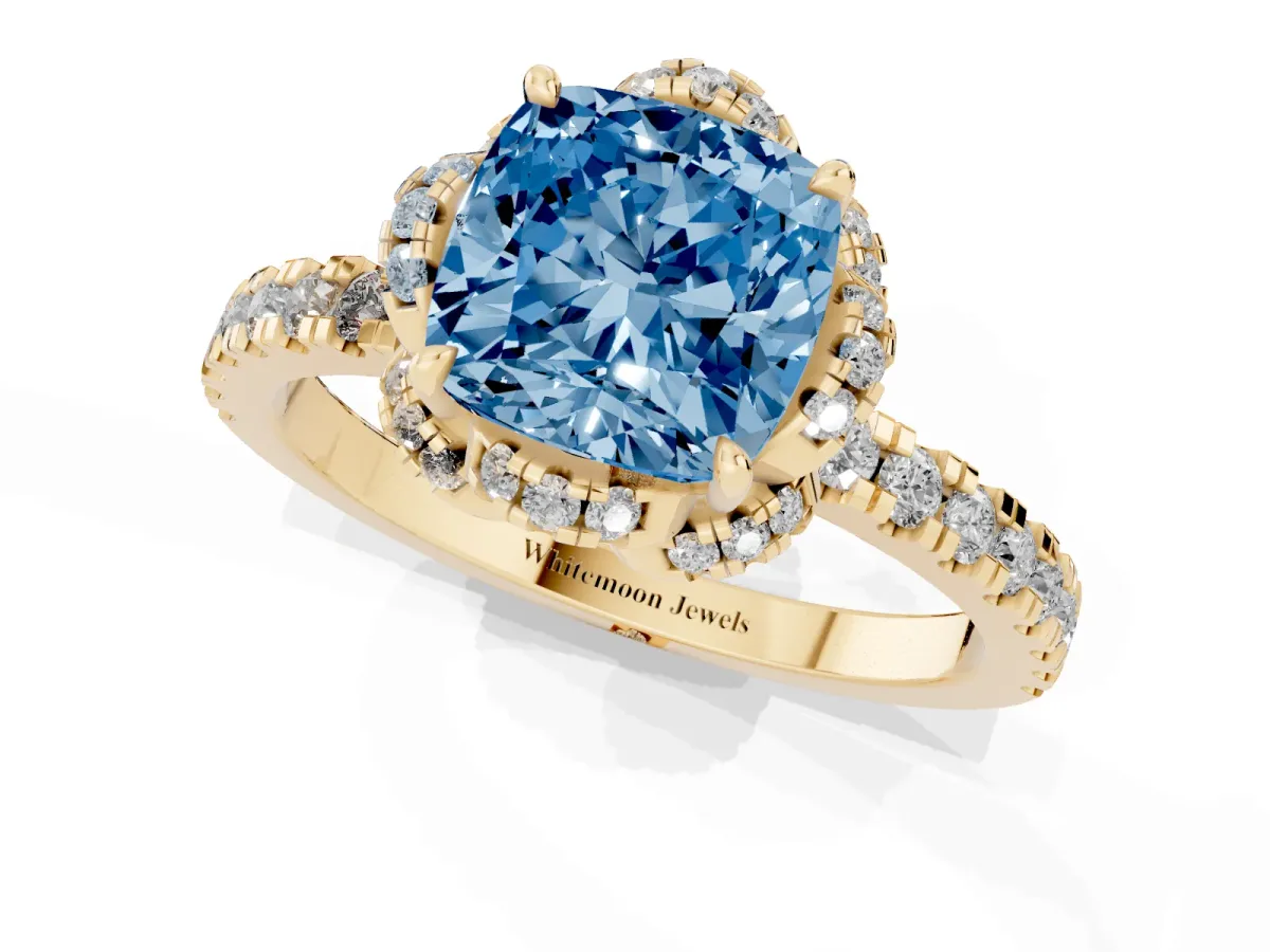 Fancy Blue Cushion Cut Diamond Halo Pave Band with Four-Prong Setting Yellow gold