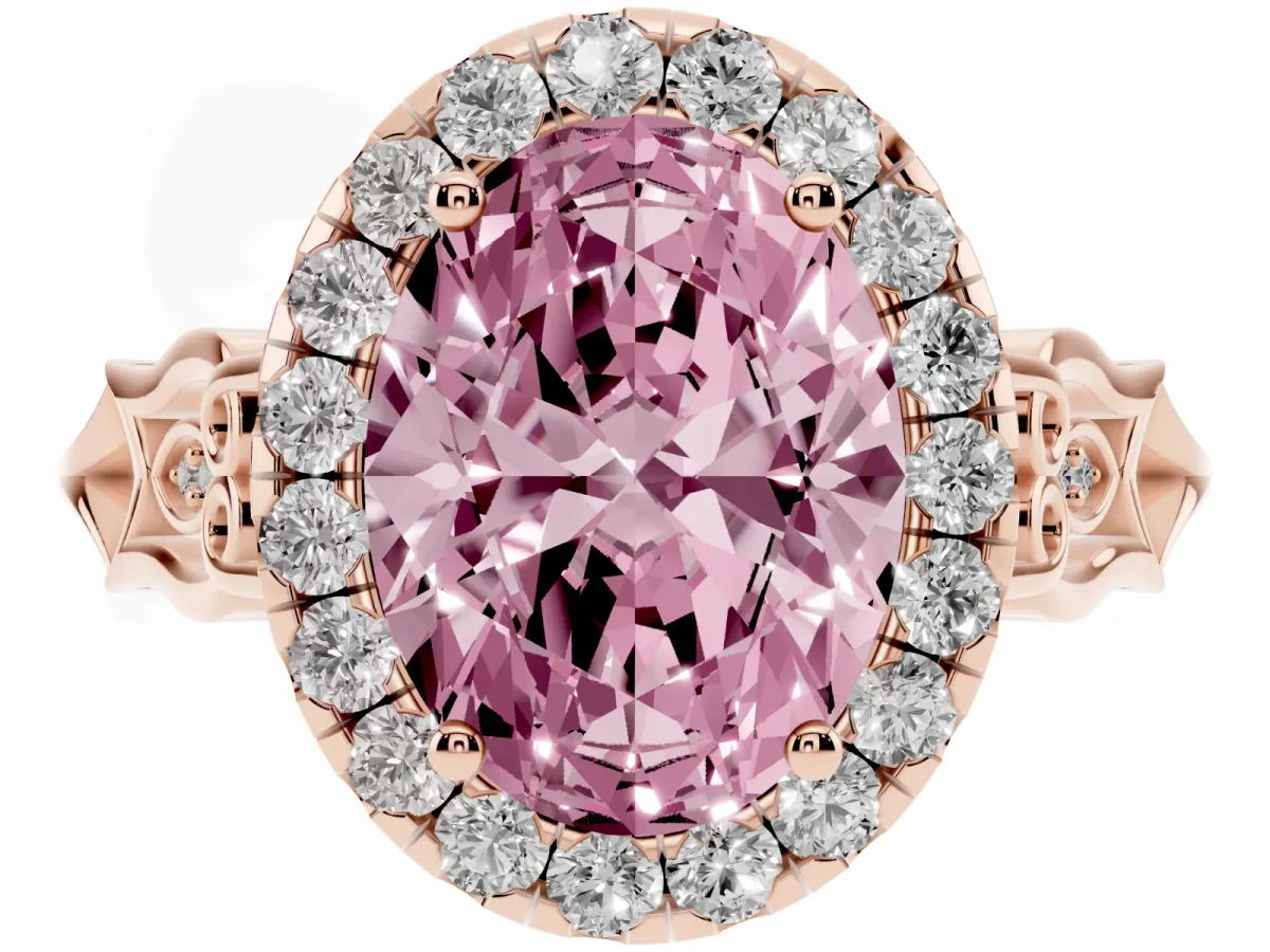 Fancy Pink Oval Cut Halo Diamond Engagement Ring with Filigree Band and Four-Prong Setting Rose gold