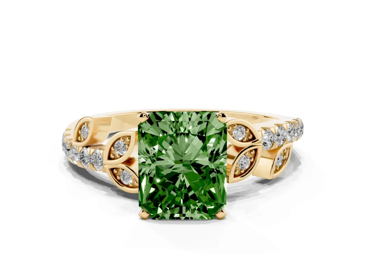 Fancy Green Radiant Cut Solitaire Leaf-Inspired Diamond Ring with Pavé Band and Four-Prong Setting Yellow gold