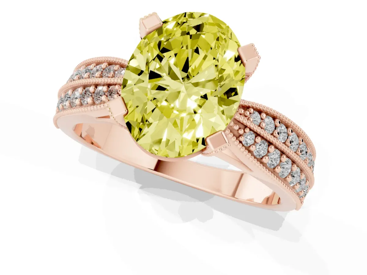 Fancy Yellow Oval Cut Diamond Solitaire Ring with Milgrain Round Pavé Band and Prong Setting Rose gold